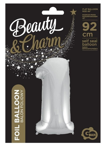 Balon foliowy cyfra 1 Beauty&Charm srebrna 92cm