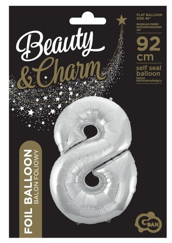 Balon foliowy cyfra 8 Beauty&Charm srebrna 92cm