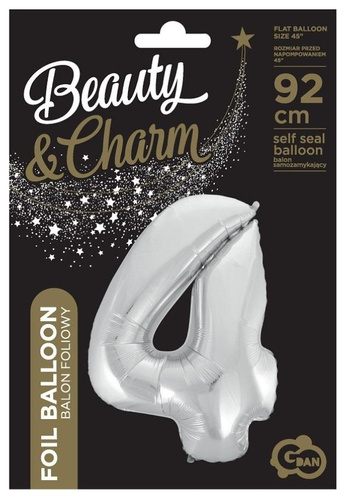 Balon foliowy cyfra 4 Beauty&Charm srebrna 92cm